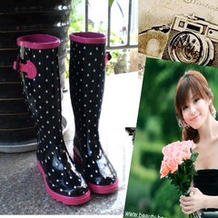 皇冠时尚女韩版保暖内里雨鞋雨靴水鞋胶鞋折扣价黑色波点