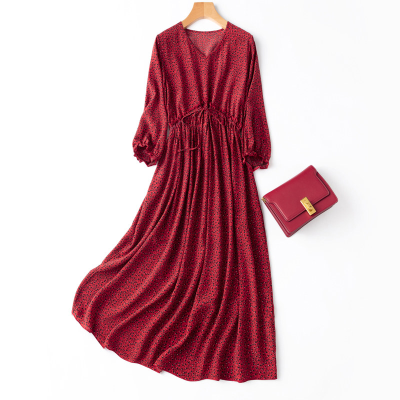 法式复古殷红色印花 v领桑蚕丝高腰腰部抽带宽松连衣裙真丝长裙子