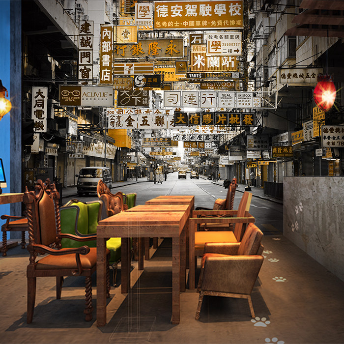 3d复古怀旧建筑老香港街景壁纸奶茶店酒吧咖啡店港式茶餐厅墙纸