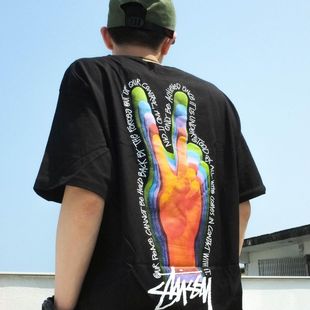 潮物Woo Stussy Peace Sign Tee 和平手势印花情侣短袖T恤男女潮