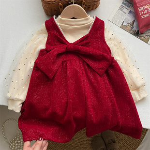 女童冬装新款冬季套装甜美风红色连衣裙加绒公主背心裙儿童新年装