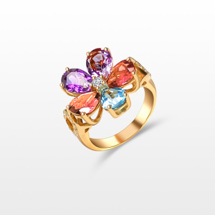 高端定制宝石戒指18k金彩宝戒指天然钻石水晶碧玺花朵钻戒设计款