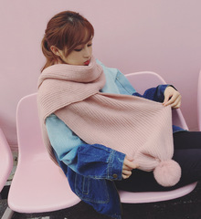2016韩国 韩版新品 加厚针织毛线兔毛球球围巾披肩 冬季加厚女款