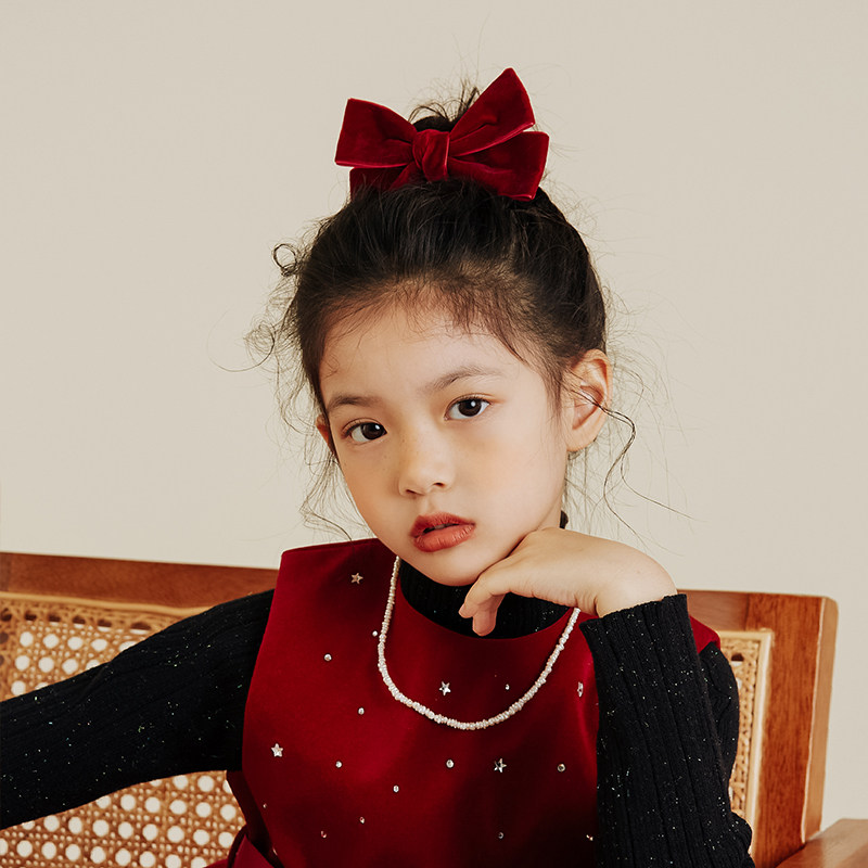 小女孩酒红色大蝴蝶结发夹公主复古丝绒少女发卡儿童表演节目顶夹