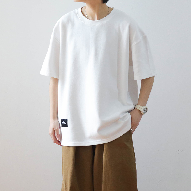 夏季日系300g重磅短袖t恤男女纯棉宽松落肩圆领纯色情侣白色打底