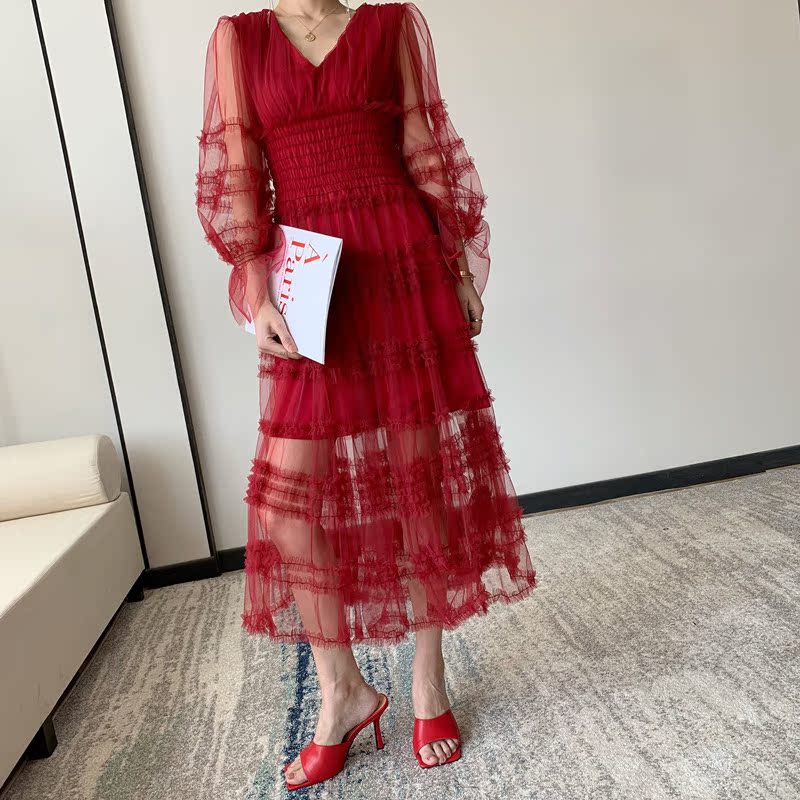 法式优雅V领耸肩袖网纱连衣裙酒红色订婚蜜月结婚敬酒晚宴礼服裙|ruв категории Женская одежда, Cвадебные платья, платье/вечернее платье - от Buy2taobao.com для оказания профессиональной услуги покупки агента Taobao