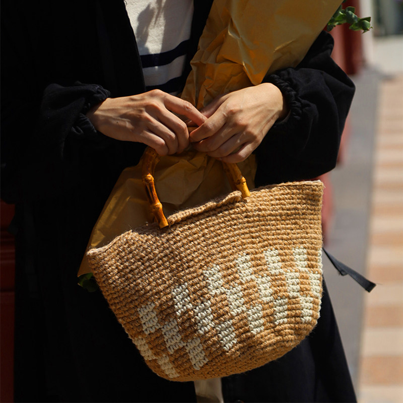 手工原创棉麻女包文艺森系编织包竹节包日系ins手提包手工麻线包