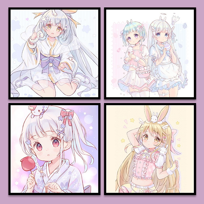 兔女孩卡通ins插画休闲减压学生手工涂鸦diy数字油彩画可爱装饰画