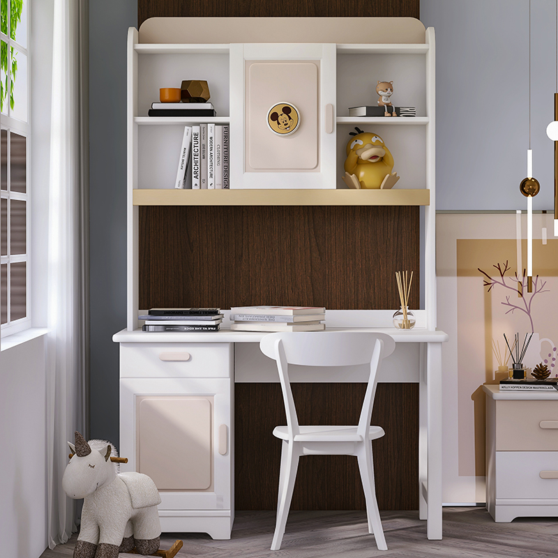 北欧实木儿童直角书桌男孩卧室组合套装书桌书柜一体电脑桌写字桌
