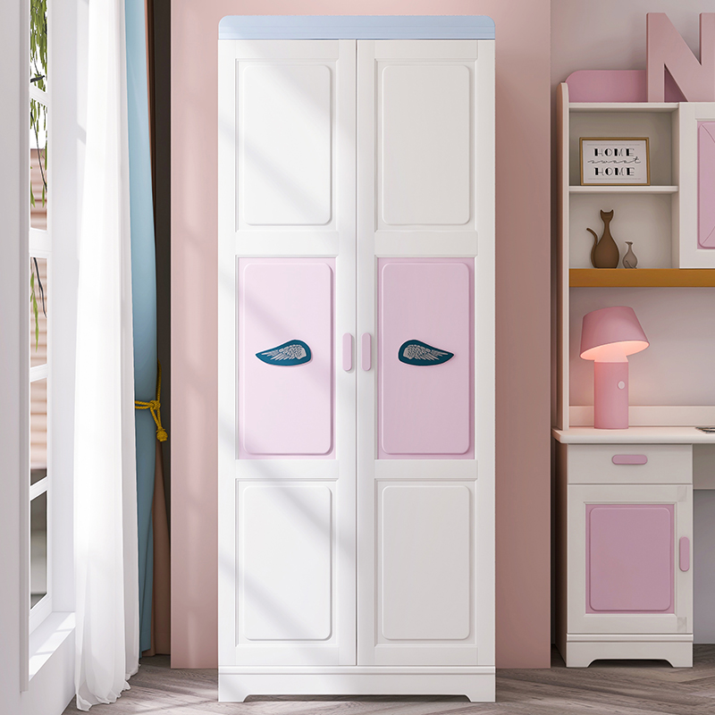 小户型全实木儿童衣柜两门女童家用卧室柜子女孩粉色实木三门衣橱