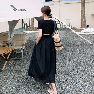 【 夏季上新 】2024新款中长款方领黑色露腰时尚气质优雅连衣裙