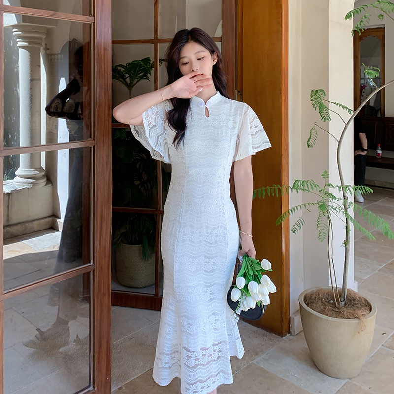 中国风新中式改良版复古旗袍蕾丝花边袖长款连衣裙