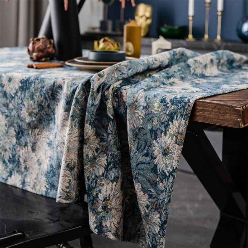 蓝色雏菊美式长方形桌布高级感餐桌盖布加厚桌旗盖巾餐垫网红布料