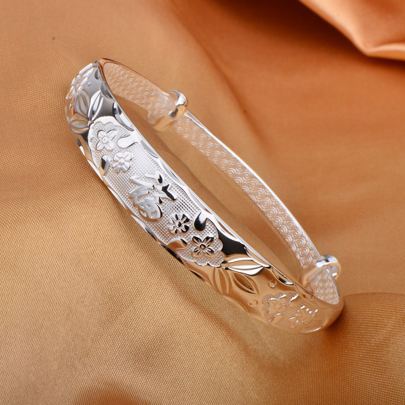 999纯银手镯女四叶草福简约实心光面老人足银镯子银饰送妈妈礼物