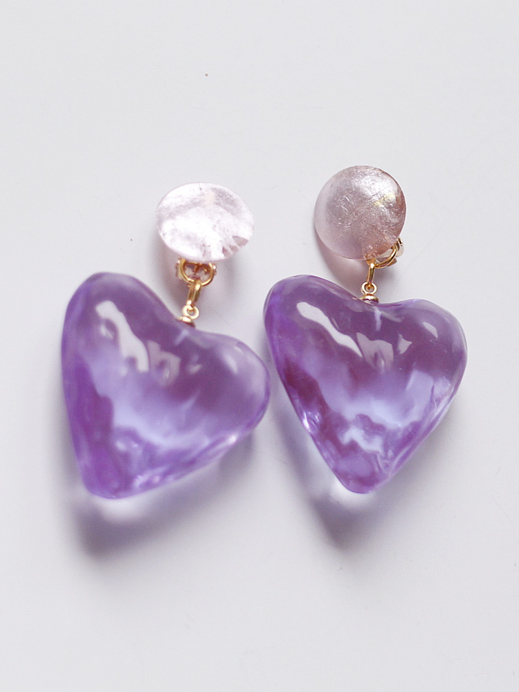 auw91原创设计法式巴黎粉紫色琉璃爱心形欧美中古复古风耳环耳夹