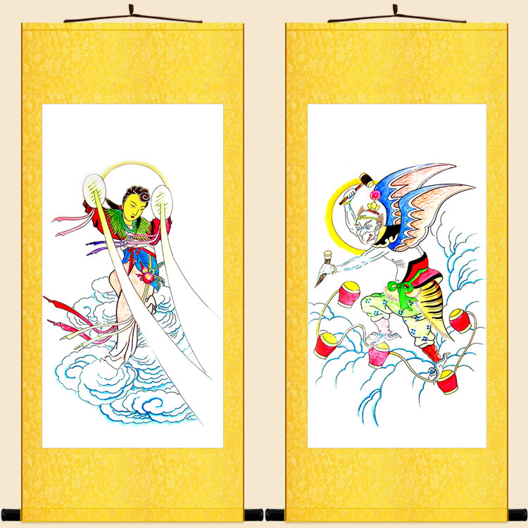 禅绢堂卷轴画装饰画的优惠券大全—雷公电母风伯雨神画像 道教道场