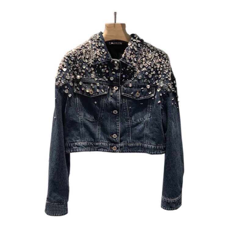miu家2020早秋新款牛仔衣外套女短款重工钉珠镶钻长袖宽松夹克
