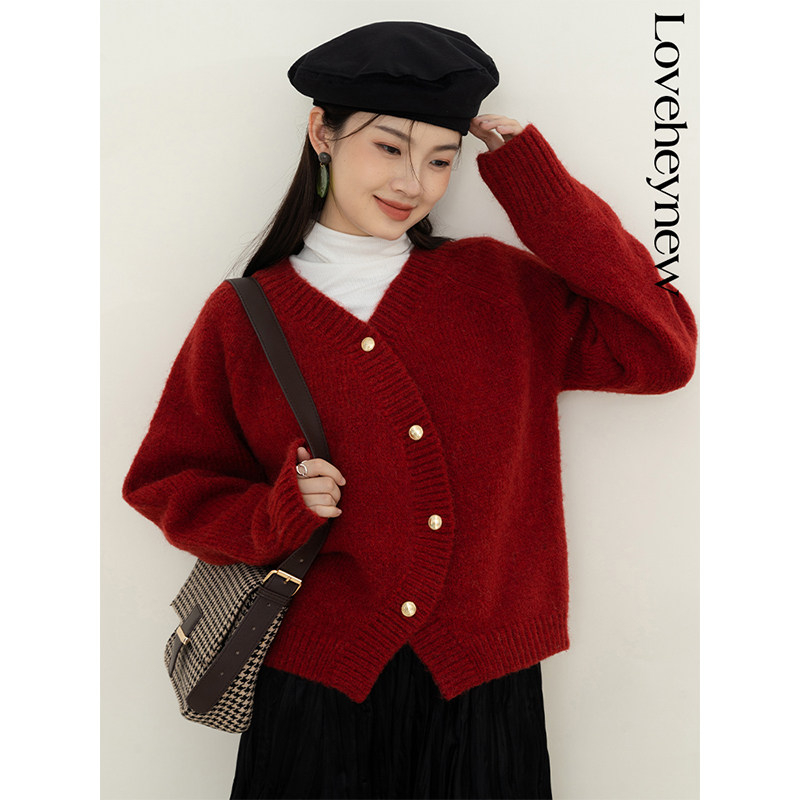 loveheynew小众设计感开衫毛衣女冬红色洋气百搭长袖v领针织上衣