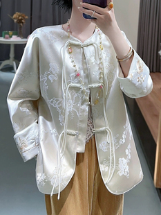 新中式高端暗纹提花缎面衬衫女设计感小众复古宽松中国风短外套女