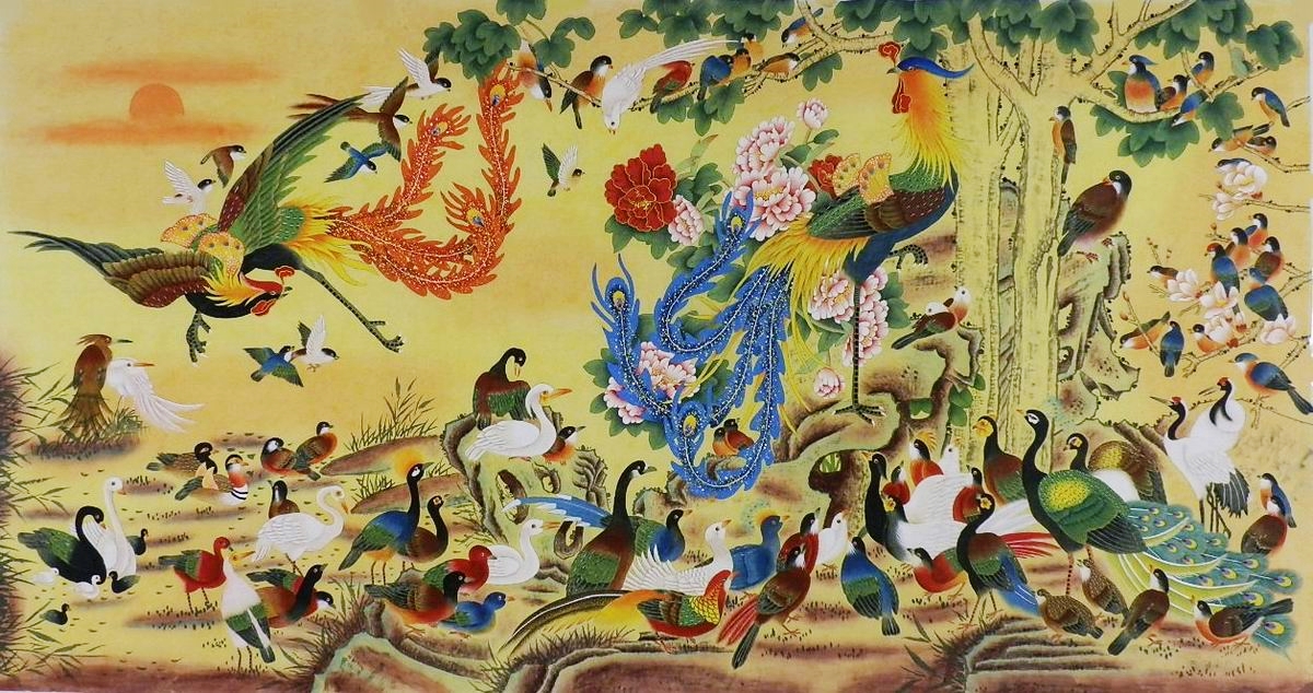 纯手绘国画客厅装饰画精品i092179六尺无款工笔画花鸟百鸟朝凤180