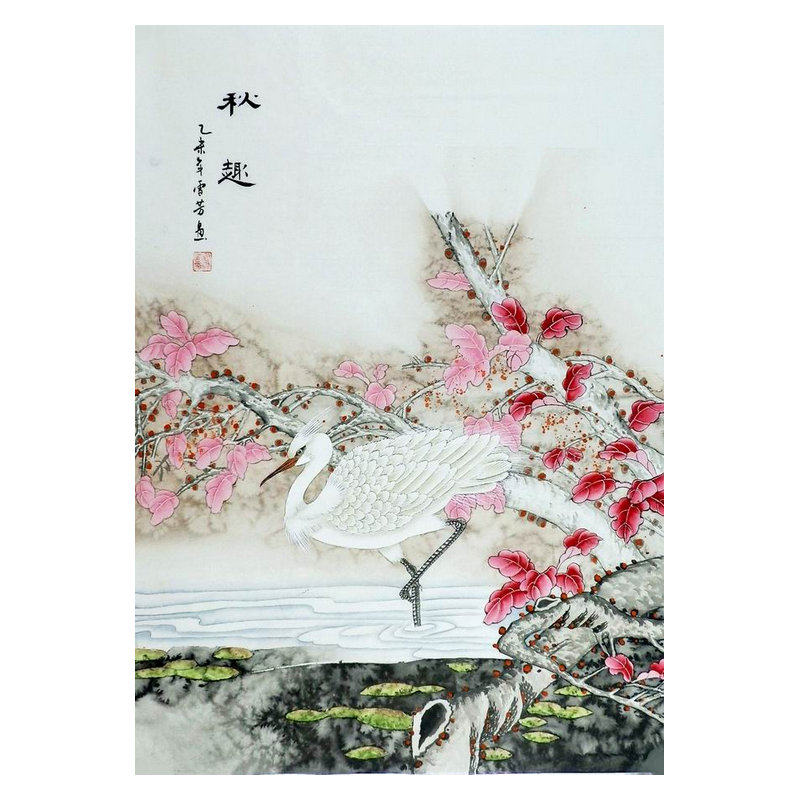 手绘字画沙发背景墙装饰画 顾雪芳国画工笔画花鸟荷花鹭鸶95gg9