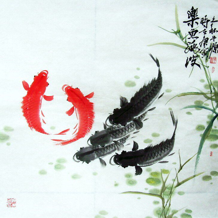 手绘六鱼鲤鱼国画斗方四尺字画牛源t092521热销国画