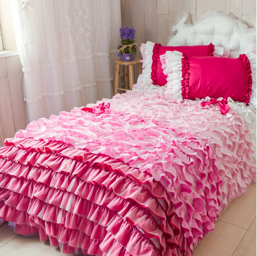 公主四件套 彩虹白色浅粉色玫红色荷叶边蛋糕层床上用品床罩