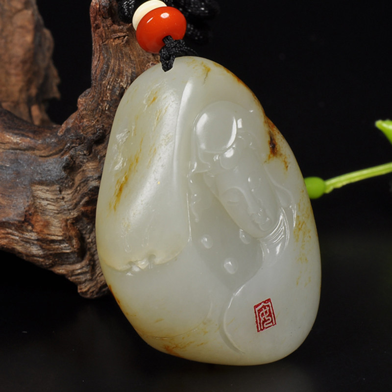 独籽精雕 苏州玉雕名家张安琪 和田玉籽料挂件 观音 56克