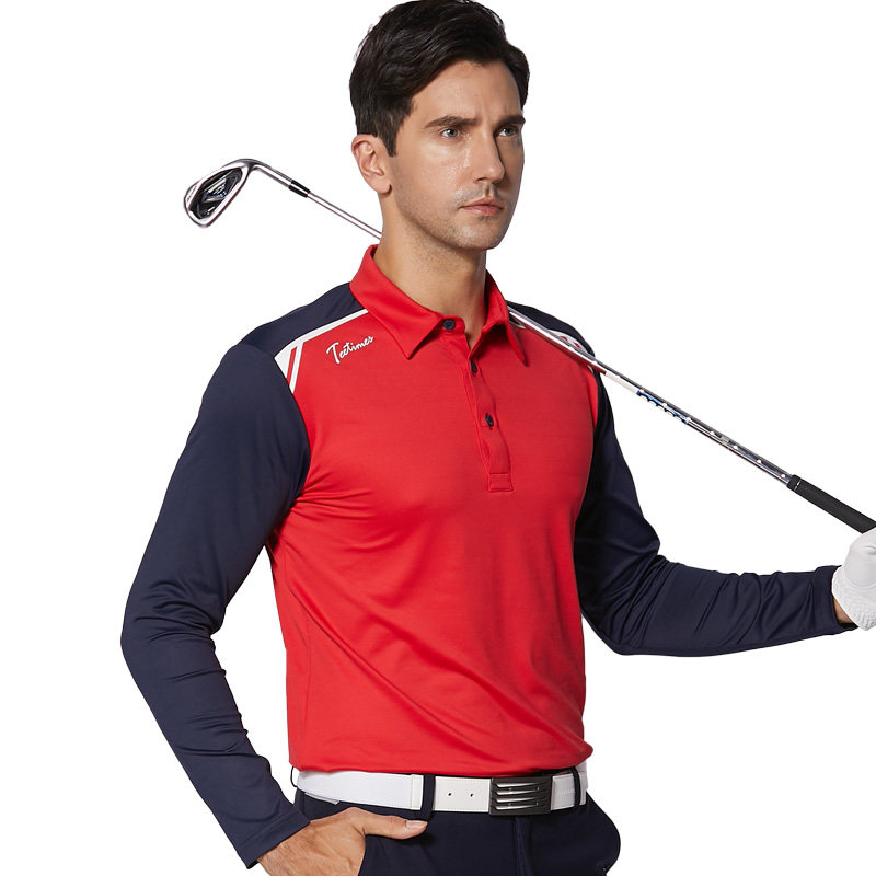 teetimes高尔夫长袖t恤男装翻领速干上衣秋冬golf服装男球衣红色