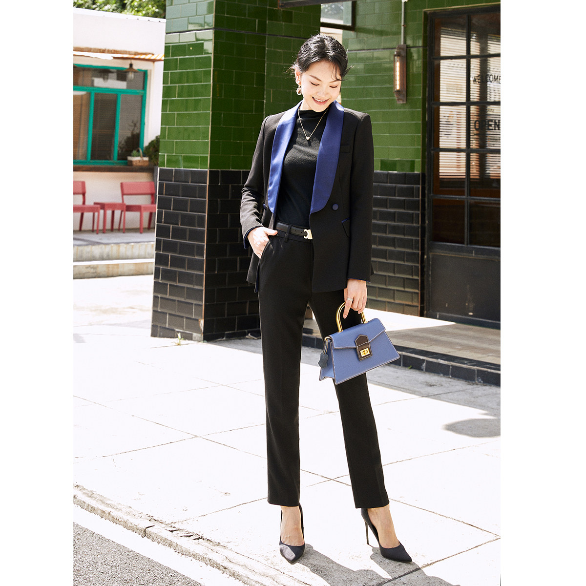 女子成鉴黑色拼接黑色西装西裤套装职业套裤2021秋季新款女士西服
