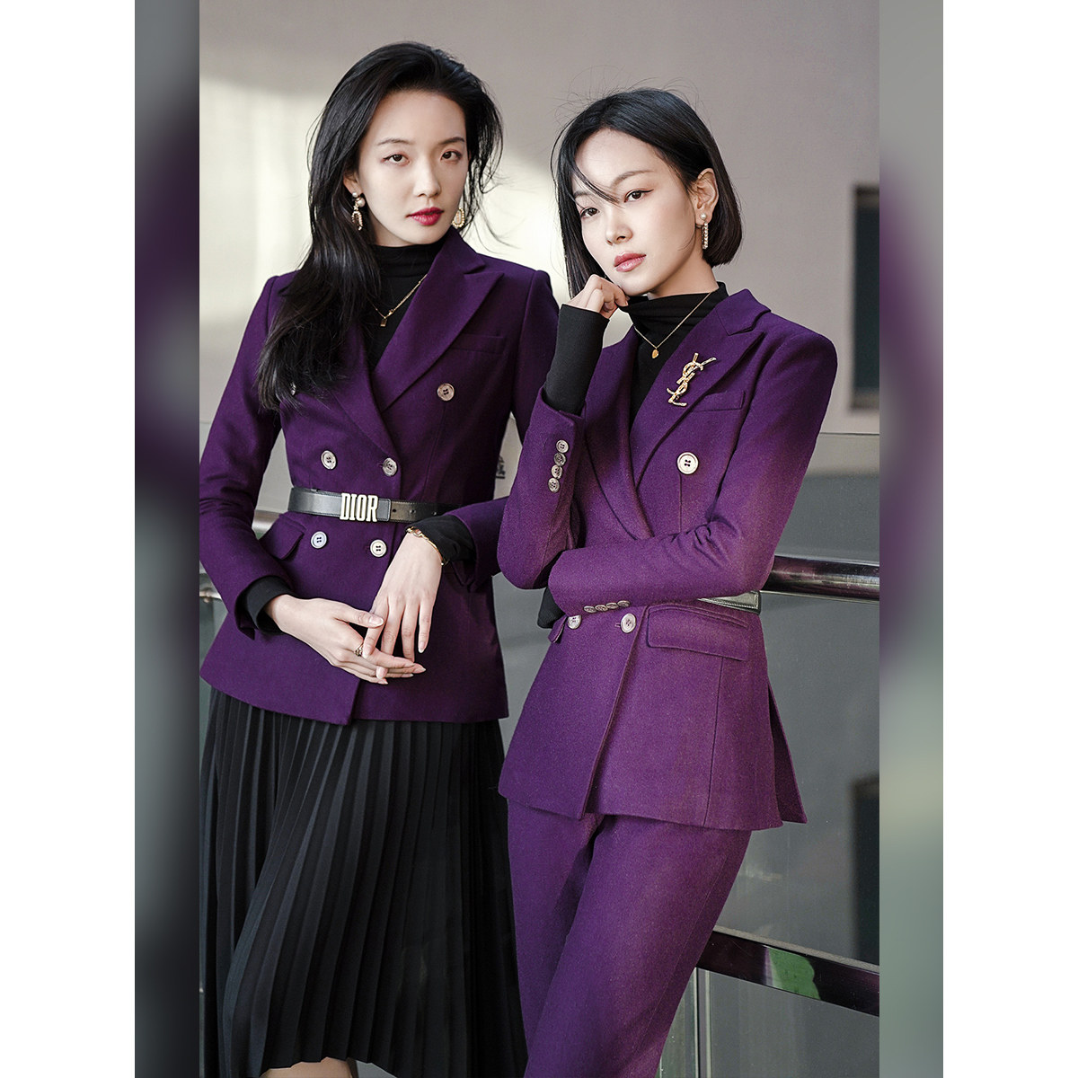 女子成鉴 亮紫色羊毛ol职业西装套裤百褶裙套装双排扣英伦风女