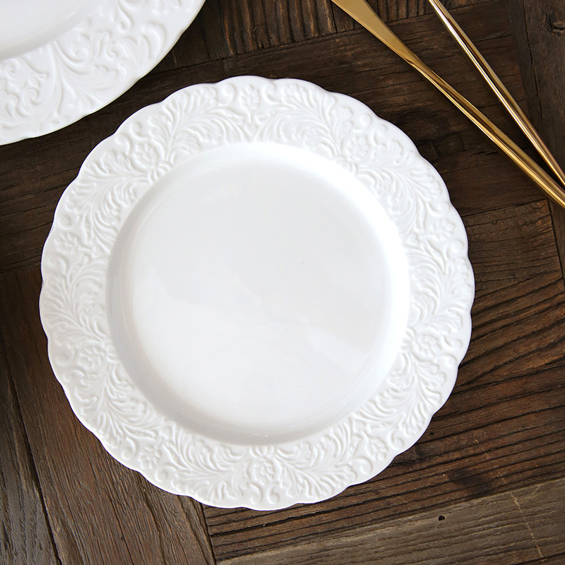 法式欧式复古宫廷白瓷浮雕花纹圆盘子 西餐盘 汤盘蛋糕盘宴会摆盘