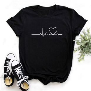 Heart Tshirt Women 夏季时尚简约黑色T恤女爱心心电图潮流短袖衫