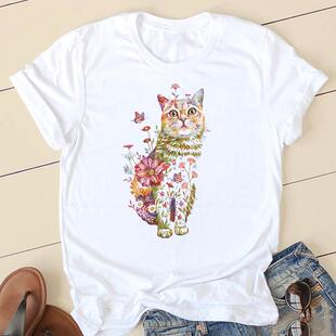 Floral Cat T shirt 新款夏季个性花朵猫咪印花T恤女小众风女装夏