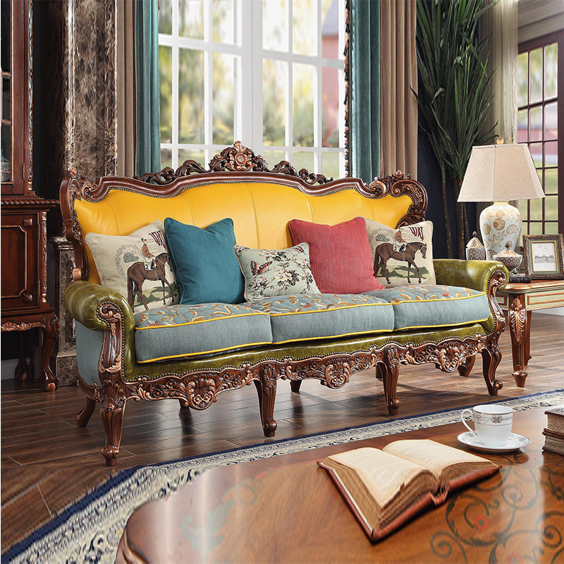 巴瑞特家居新品欧式奢华复古宫廷风实木雕刻沙发三人位组合