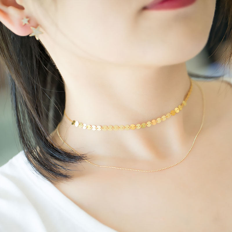 纯18k彩金锁骨链金chocker项链十八k亮片连体可调节圆片女吊坠019