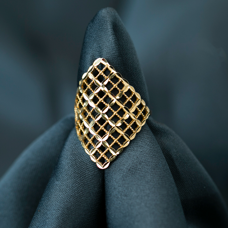 恒蕴叶子纯14k金新款镂空方形刻花指环十字菱形小众设计复古戒指