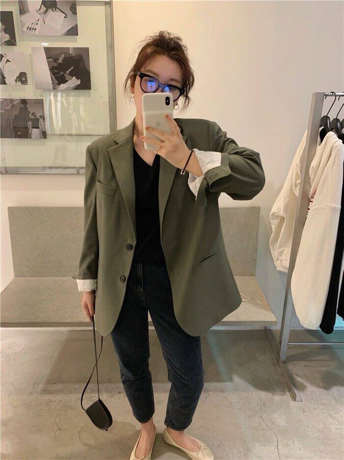 d185090250 韩国东大门21gao端年轻哑光橄榄绿宽松西装西服外套