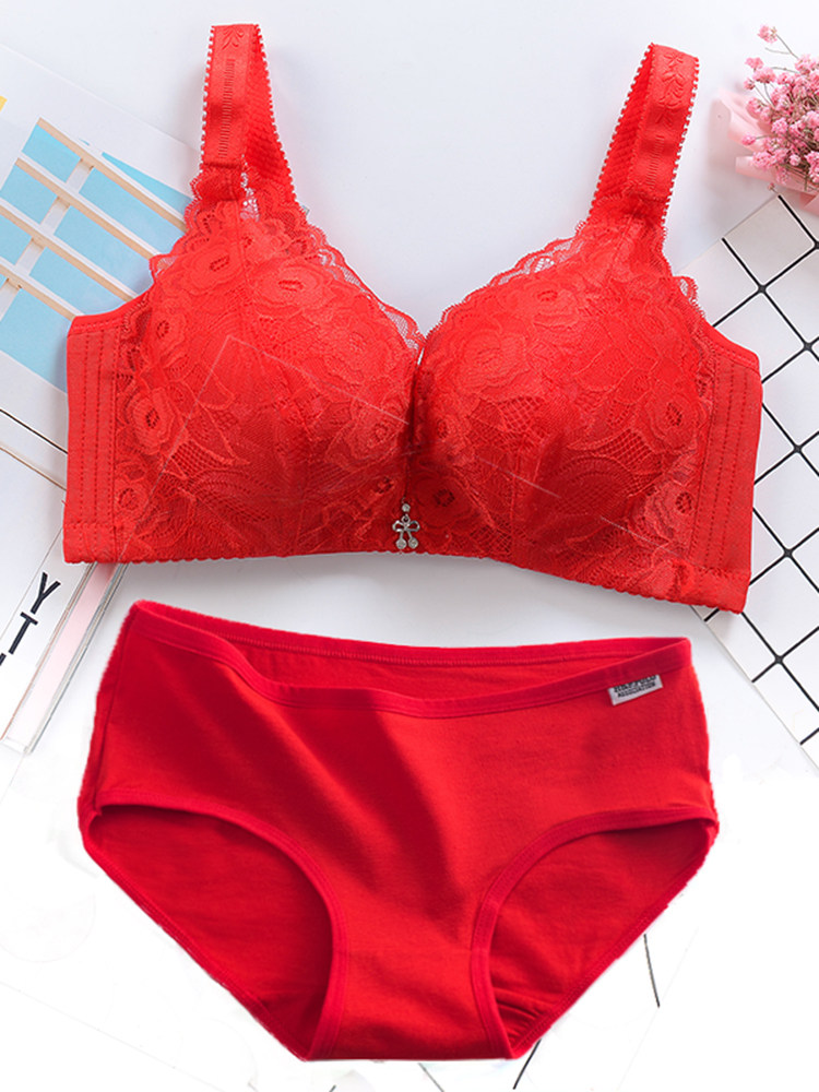 少女文胸红内衣女红色套装本命年内裤一套都市无钢圈聚拢丽人胸罩