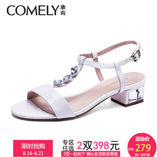 巴寶莉專櫃價 comely 康莉夏新款專櫃正品涼鞋 氣質漆皮 丁字水鉆方跟女鞋 巴寶莉戒指專櫃