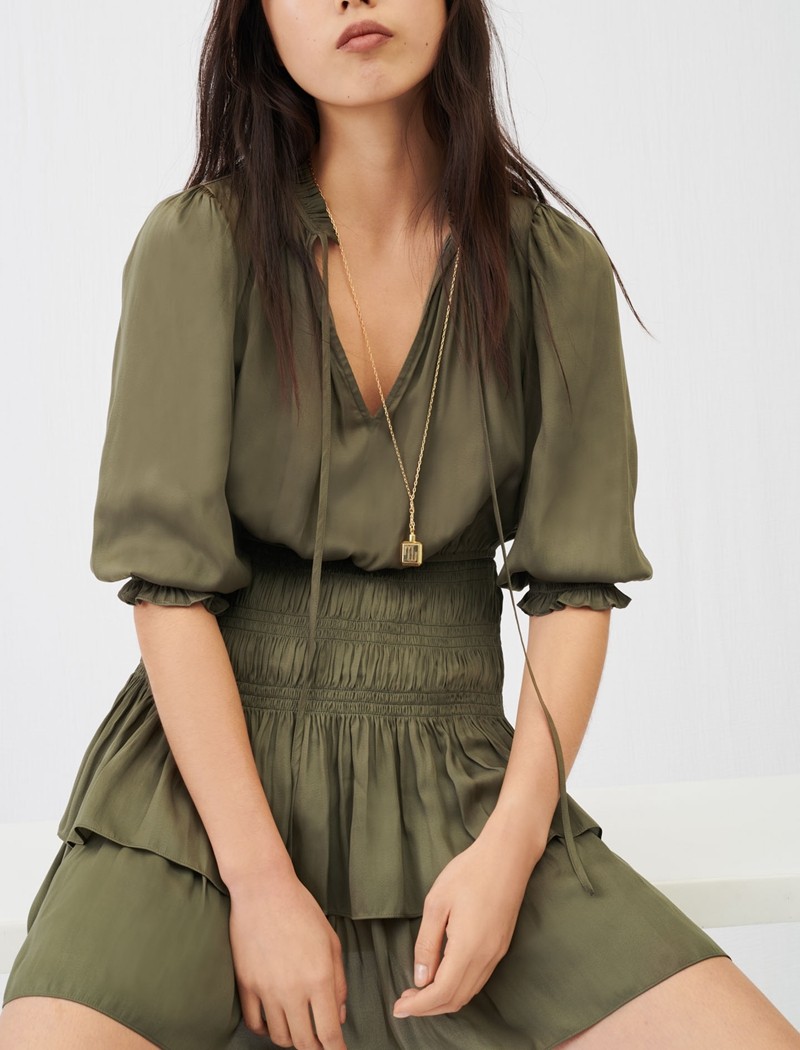 【现货发】法国2021春夏maje灯笼袖松紧腰荷叶边连衣裙