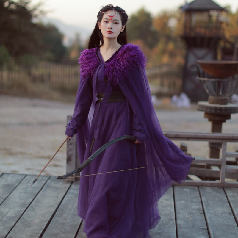 逍云庄-逍云原创汉服国风仙侠三件套蚕丝紫色披肩古装女羽毛