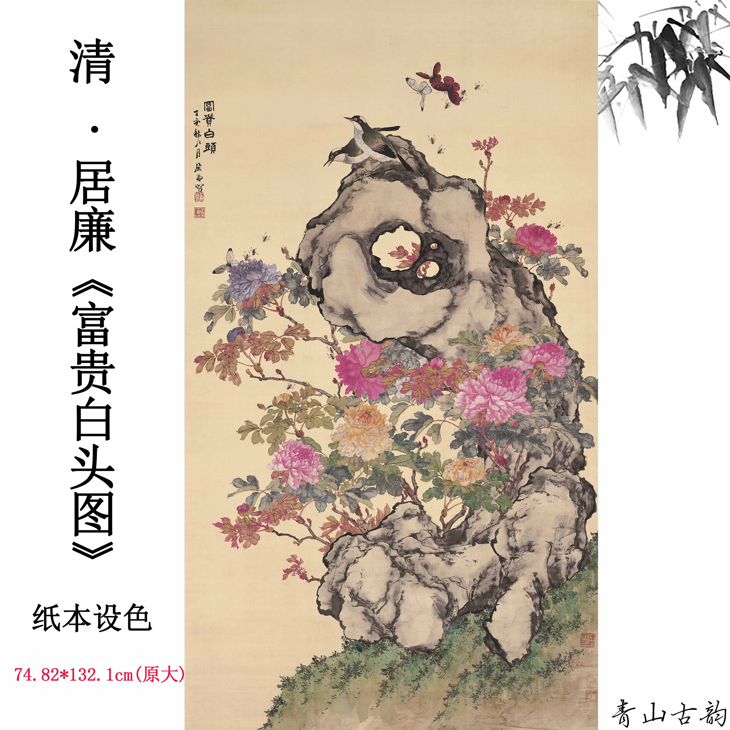 1:1清代居廉富贵白头图纸本设色花