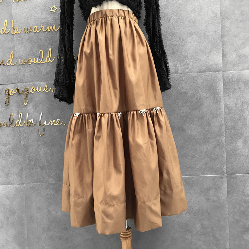 时尚蓬蓬裙女春秋松紧腰褶皱拼接中长裙黑大摆a型半身裙送蝴蝶结