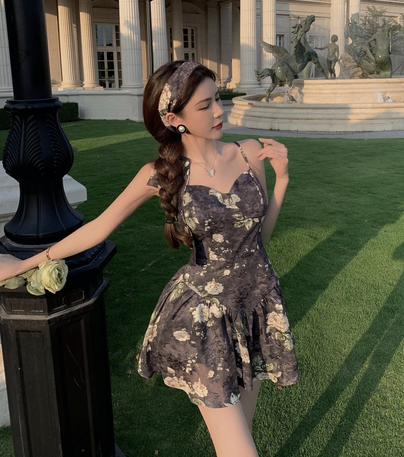 实价实拍 法式复古提花灰色小个子碎花吊带连衣裙女*送发带