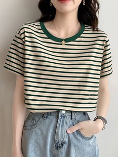 正肩绿色条纹短袖T恤女夏季2024新款复古韩版休闲宽松显瘦上衣女