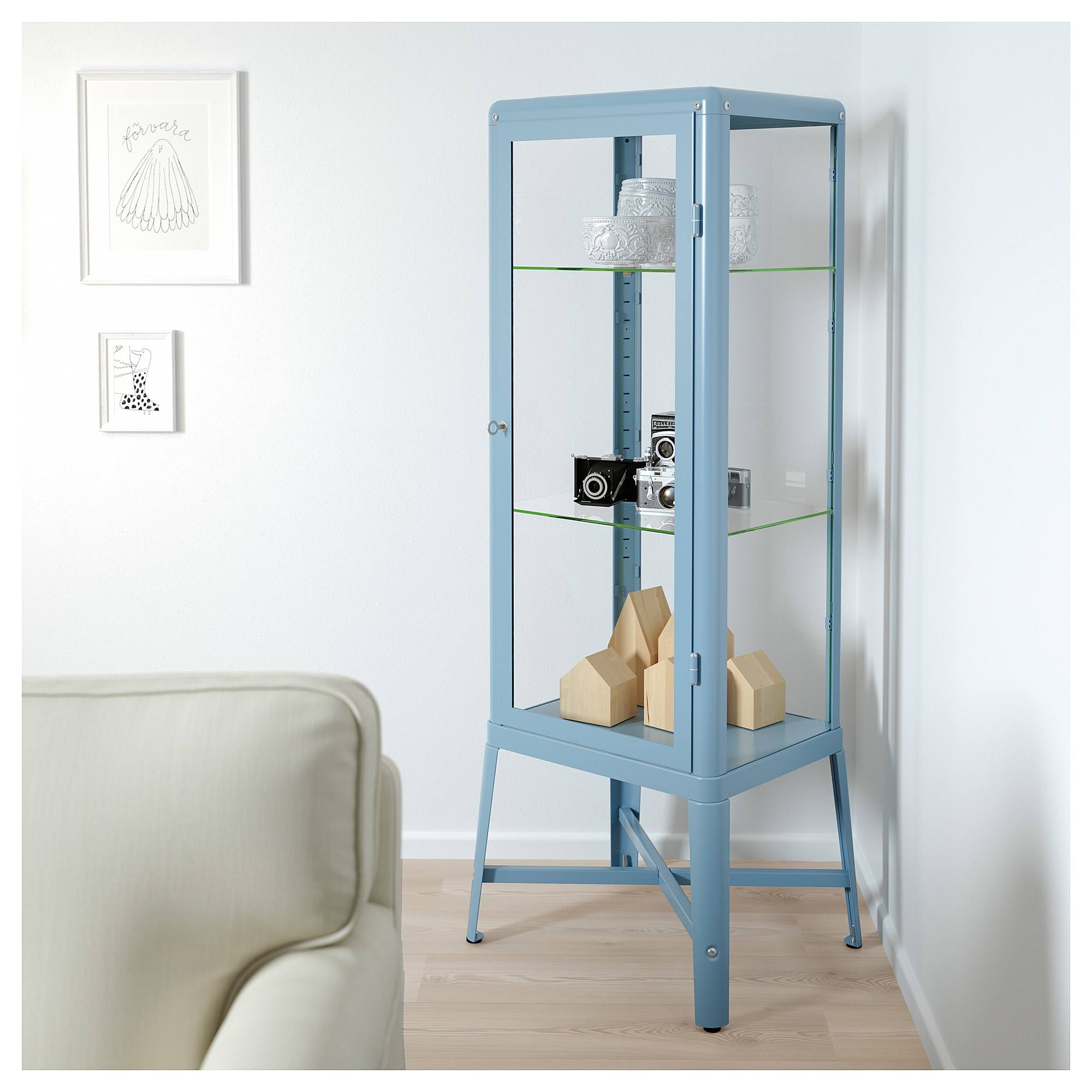 手办展示柜 宜家_法布利克玻璃门柜 蓝色展示陈列饰品模型四方带锁柜