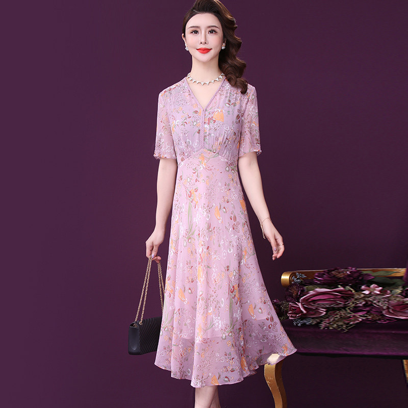 真丝连衣裙2021年春夏季新款女装时尚气质印花双层桑蚕丝长款裙子