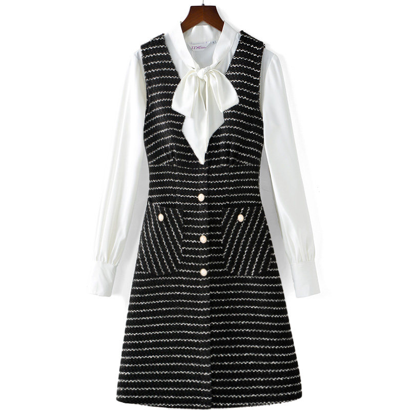 小香风连衣裙女2021年秋冬气质修身通勤衬衫马甲裙毛呢背心裙套装