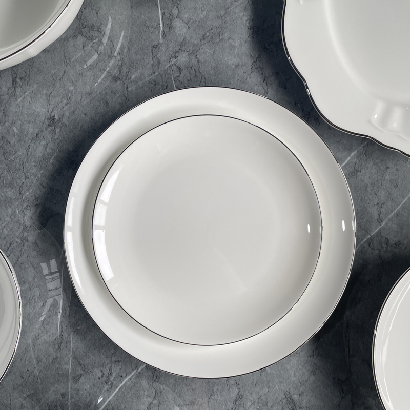 2023新款米饭碗碟套装家用银边骨瓷餐具轻奢碗10个高档中式陶瓷盘
